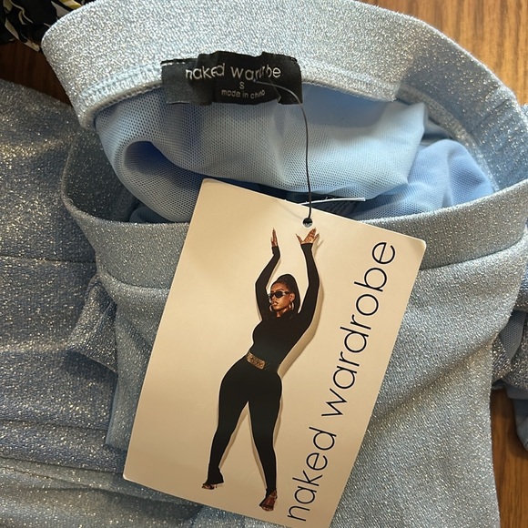 NWT NAKED WARDROBE On The Glow Skirt In Blue Glitter Maxi Slit Size Small - Picture 6 of 6